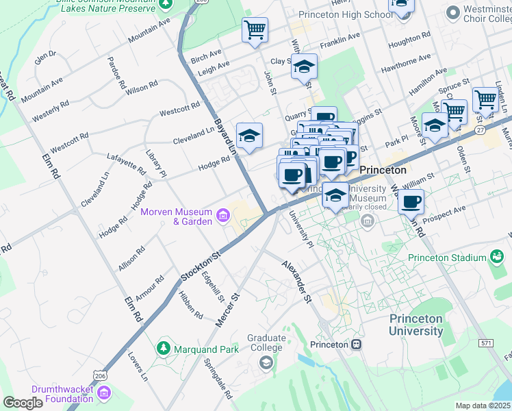 map of restaurants, bars, coffee shops, grocery stores, and more near 1 Monument Drive in Princeton
