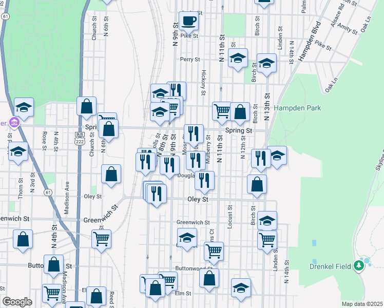map of restaurants, bars, coffee shops, grocery stores, and more near 840 North 10th Street in Reading