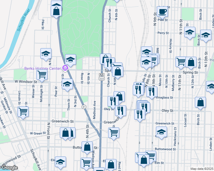 map of restaurants, bars, coffee shops, grocery stores, and more near 829 North 5th Street in Reading