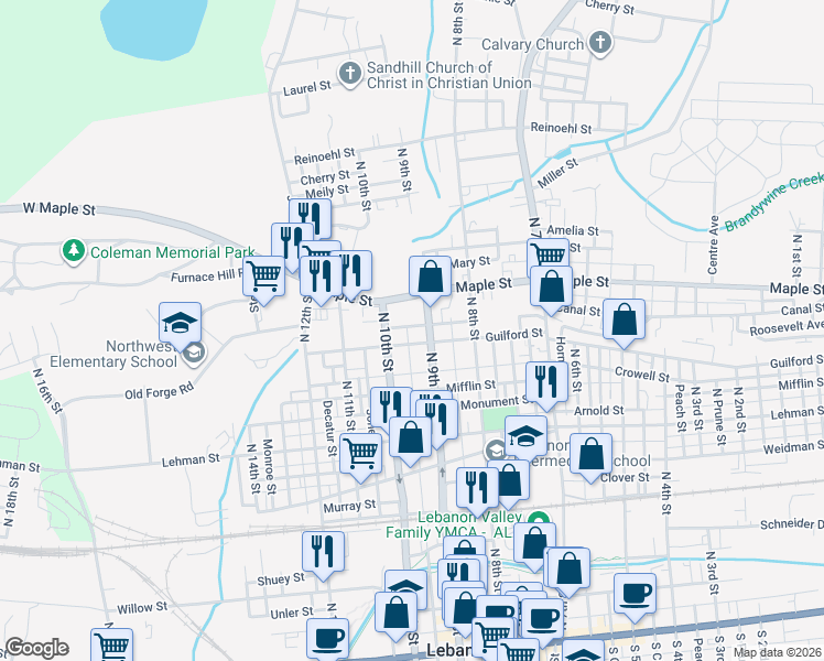 map of restaurants, bars, coffee shops, grocery stores, and more near 911 Guilford Street in Lebanon