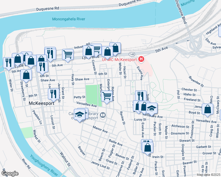 map of restaurants, bars, coffee shops, grocery stores, and more near 809 Ridge Street in McKeesport
