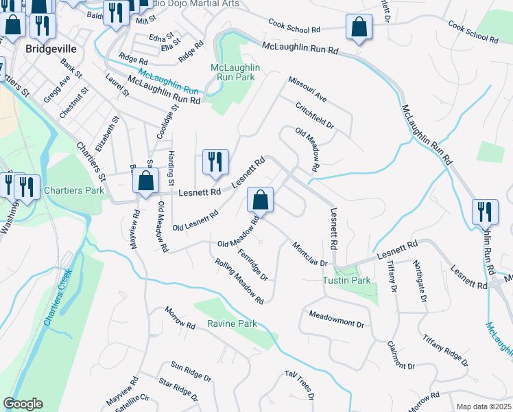 map of restaurants, bars, coffee shops, grocery stores, and more near 1346 Old Meadow Road in Pittsburgh