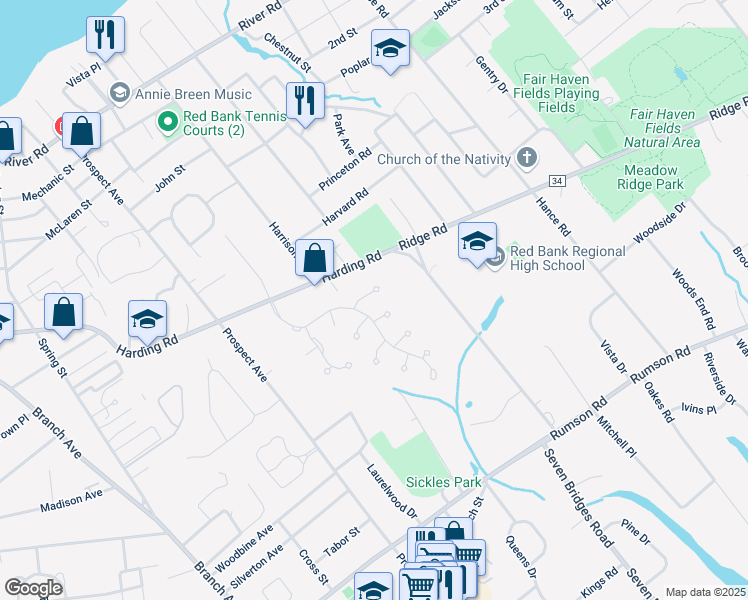 map of restaurants, bars, coffee shops, grocery stores, and more near 278 Whispering Woods Court in Little Silver