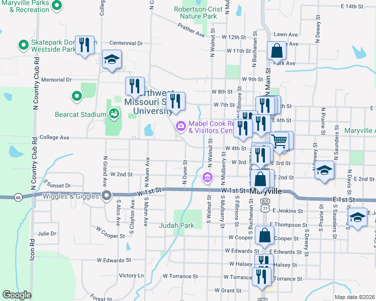 map of restaurants, bars, coffee shops, grocery stores, and more near 325 North Dunn Street in Maryville