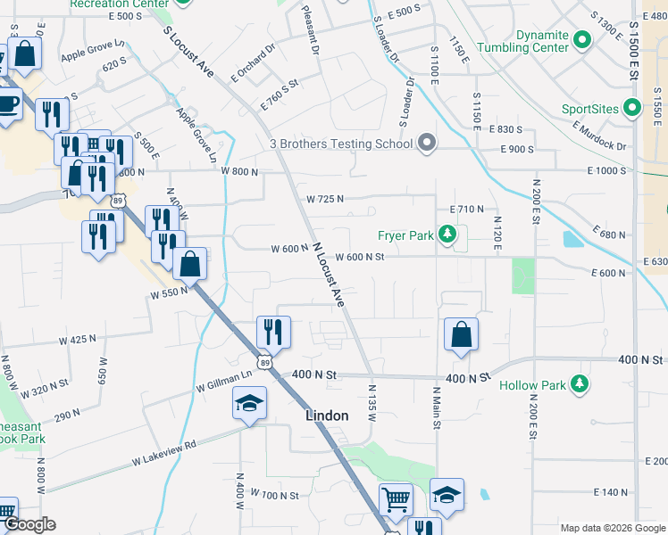map of restaurants, bars, coffee shops, grocery stores, and more near 578 North Locust Avenue in Lindon