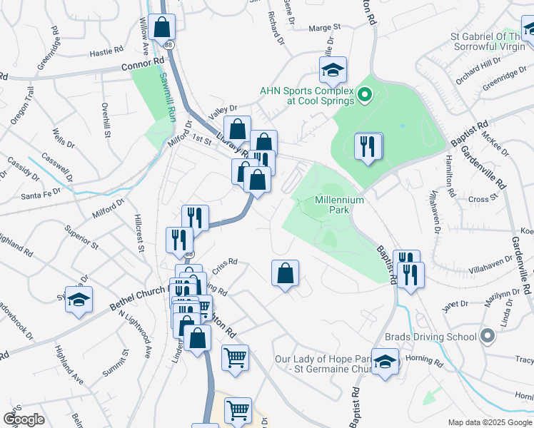 map of restaurants, bars, coffee shops, grocery stores, and more near 4701 Robert Drive in Bethel Park