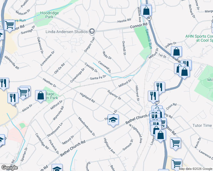 map of restaurants, bars, coffee shops, grocery stores, and more near 2212 Superior Street in Bethel Park