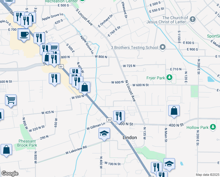map of restaurants, bars, coffee shops, grocery stores, and more near 322 West Songbird Lane in Lindon
