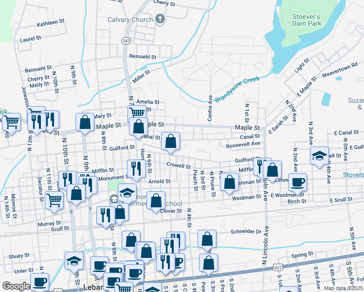 map of restaurants, bars, coffee shops, grocery stores, and more near 630 N 5th St in Lebanon