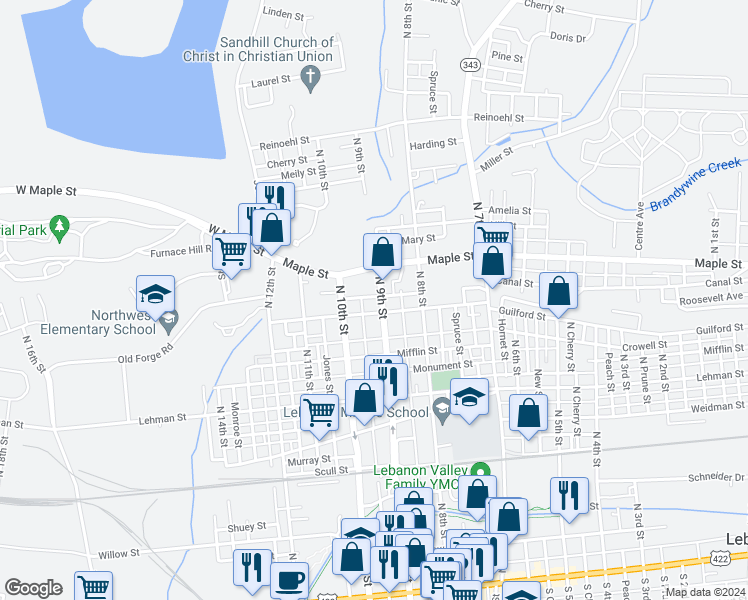 map of restaurants, bars, coffee shops, grocery stores, and more near 911 Guilford Street in Lebanon