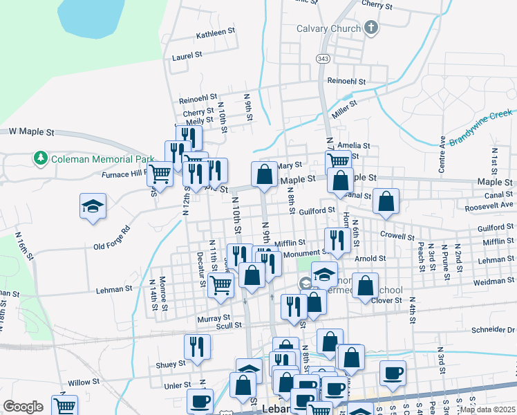 map of restaurants, bars, coffee shops, grocery stores, and more near 613 North 9th Street in Lebanon