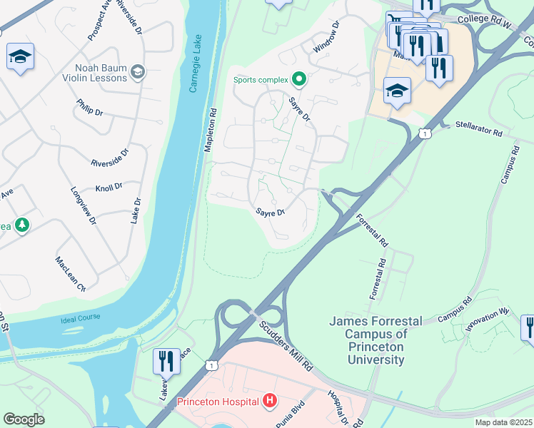 map of restaurants, bars, coffee shops, grocery stores, and more near 613 Sayre Drive in Princeton