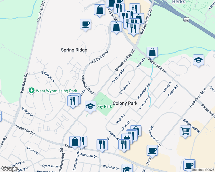 map of restaurants, bars, coffee shops, grocery stores, and more near 1630 West Thistle Drive in Wyomissing