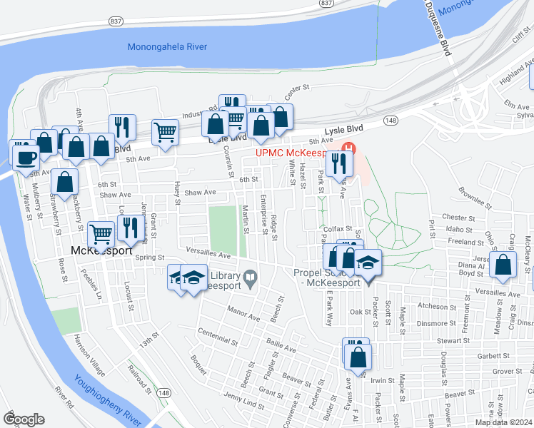 map of restaurants, bars, coffee shops, grocery stores, and more near 1614 Lawndale Street in McKeesport