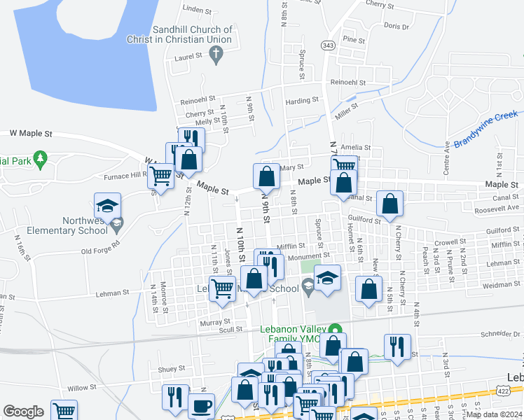 map of restaurants, bars, coffee shops, grocery stores, and more near 613 North 9th Street in Lebanon