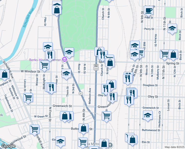 map of restaurants, bars, coffee shops, grocery stores, and more near 844 Madison Avenue in Reading
