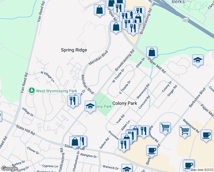 map of restaurants, bars, coffee shops, grocery stores, and more near 1630 West Thistle Drive in Wyomissing
