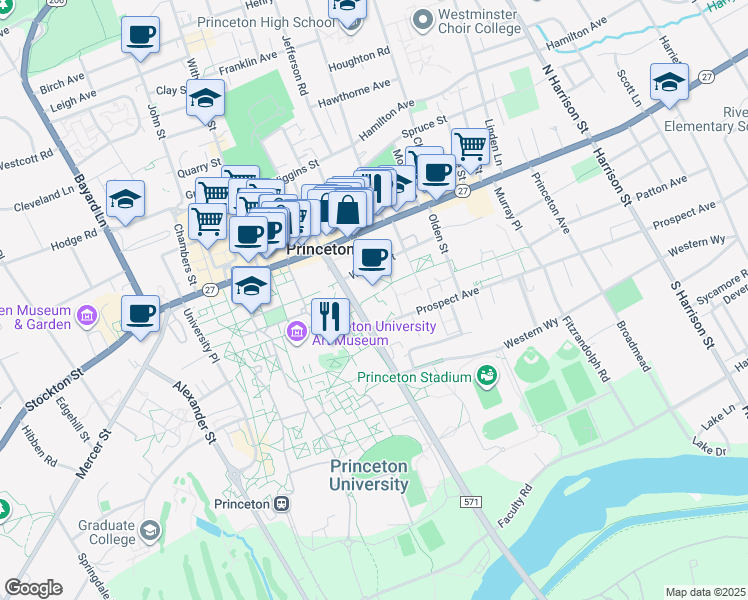 map of restaurants, bars, coffee shops, grocery stores, and more near Washington Road in Princeton