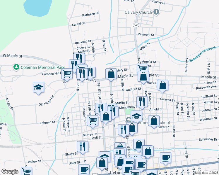 map of restaurants, bars, coffee shops, grocery stores, and more near 911 Guilford Street in Lebanon