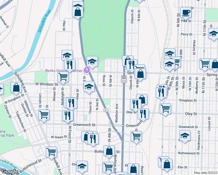 map of restaurants, bars, coffee shops, grocery stores, and more near 832 North 4th Street in Reading