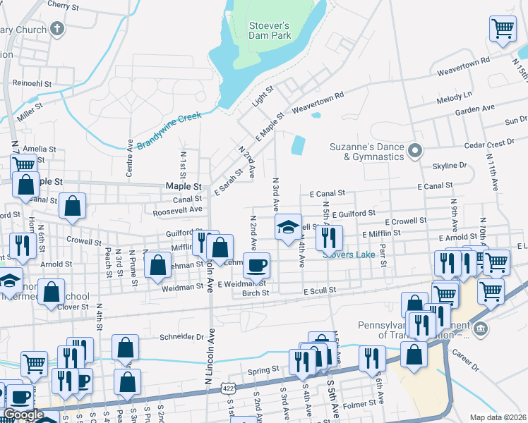 map of restaurants, bars, coffee shops, grocery stores, and more near 221 East Guilford Street in Lebanon