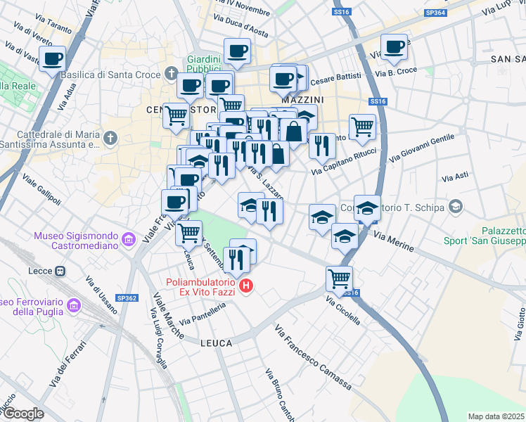 map of restaurants, bars, coffee shops, grocery stores, and more near 60 Via G. Antonio Orsini del Balzo in Lecce