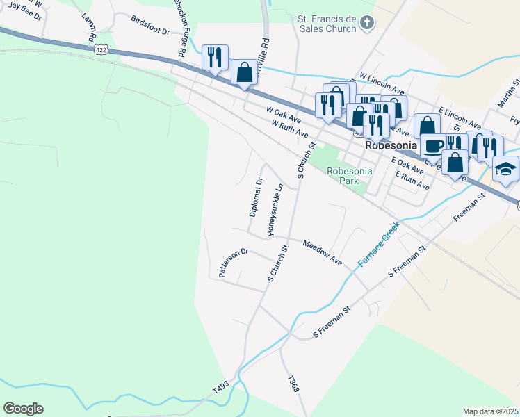 map of restaurants, bars, coffee shops, grocery stores, and more near 276 Diplomat Drive in Robesonia