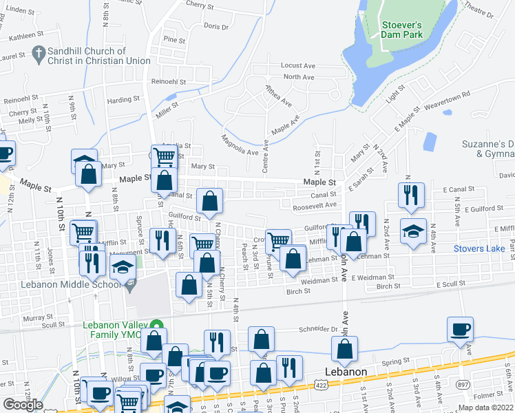 map of restaurants, bars, coffee shops, grocery stores, and more near 312 Canal Street in Lebanon