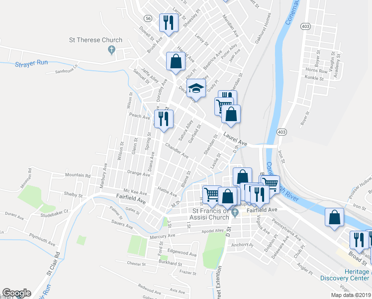 map of restaurants, bars, coffee shops, grocery stores, and more near 258 Garfield Street in Johnstown