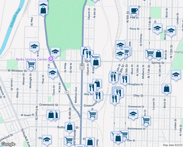map of restaurants, bars, coffee shops, grocery stores, and more near 864 North 6th Street in Reading