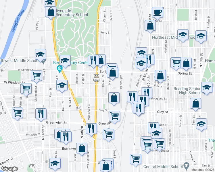 map of restaurants, bars, coffee shops, grocery stores, and more near 864 North 6th Street in Reading
