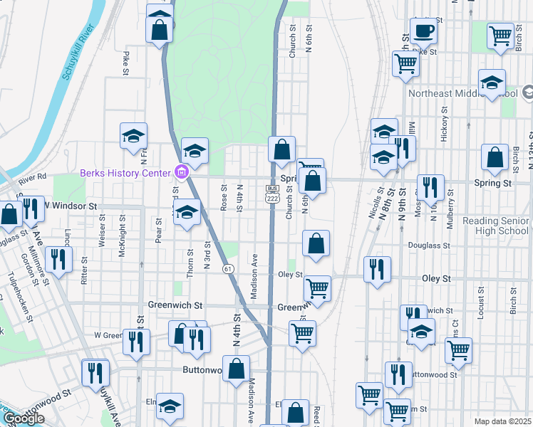 map of restaurants, bars, coffee shops, grocery stores, and more near 830 North 5th Street in Reading