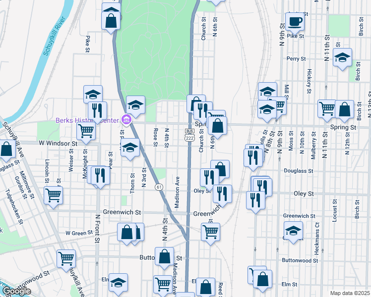 map of restaurants, bars, coffee shops, grocery stores, and more near 830 North 5th Street in Reading
