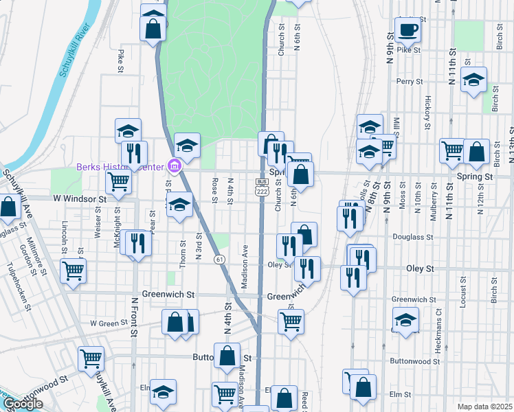map of restaurants, bars, coffee shops, grocery stores, and more near 844 Madison Avenue in Reading