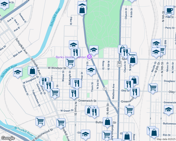 map of restaurants, bars, coffee shops, grocery stores, and more near 837 North 2nd Street in Reading