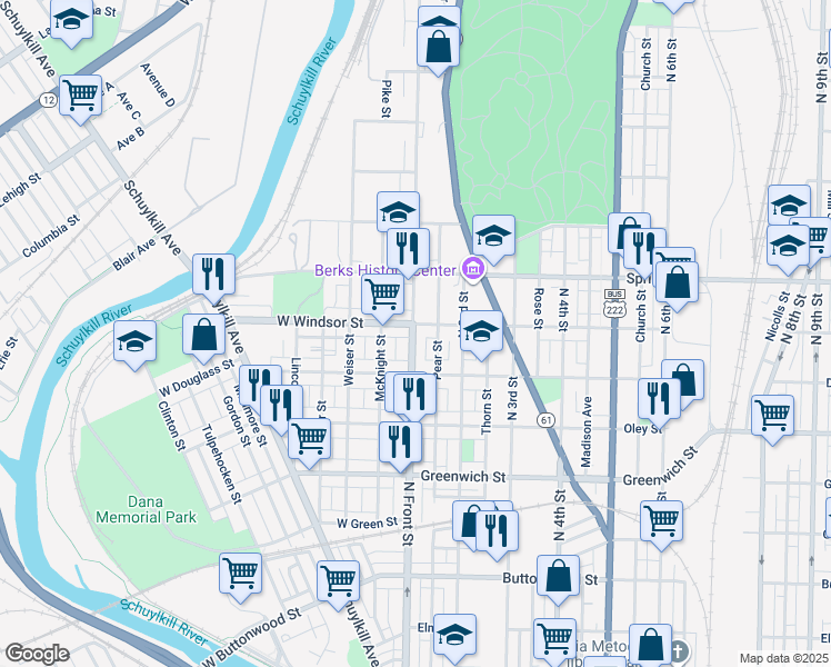 map of restaurants, bars, coffee shops, grocery stores, and more near 834 Pear Street in Reading
