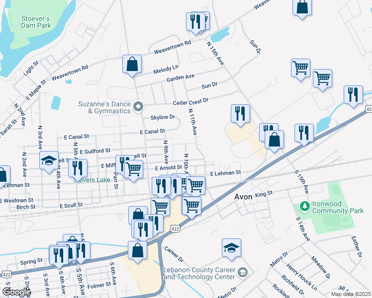 map of restaurants, bars, coffee shops, grocery stores, and more near 201 Lebanon Village in Lebanon