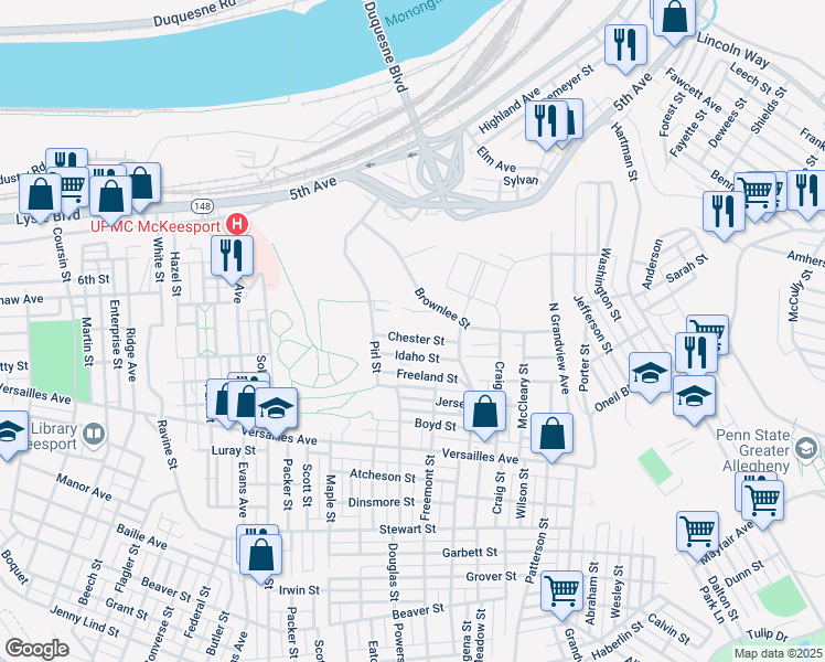 map of restaurants, bars, coffee shops, grocery stores, and more near 2816 Chester Street in McKeesport