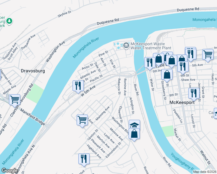 map of restaurants, bars, coffee shops, grocery stores, and more near 315 West 6th Avenue in McKeesport