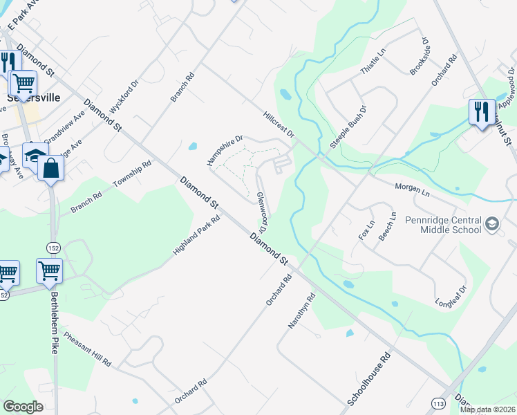 map of restaurants, bars, coffee shops, grocery stores, and more near 290 Hampshire Drive in Sellersville