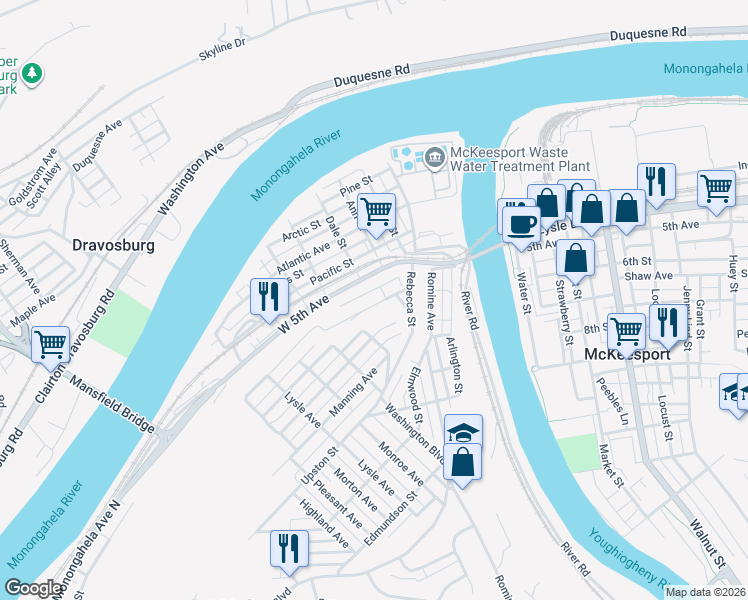 map of restaurants, bars, coffee shops, grocery stores, and more near 315 West 6th Avenue in McKeesport