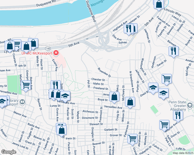 map of restaurants, bars, coffee shops, grocery stores, and more near 2816 Chester Street in McKeesport