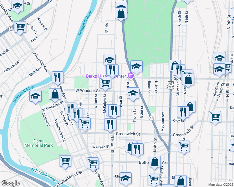 map of restaurants, bars, coffee shops, grocery stores, and more near 110 Windsor Street in Reading