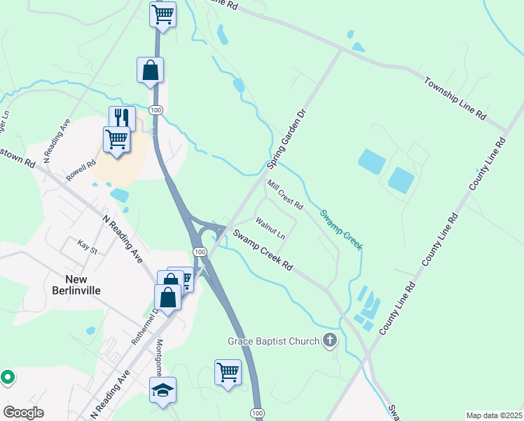 map of restaurants, bars, coffee shops, grocery stores, and more near 19 Walnut Lane in Bechtelsville