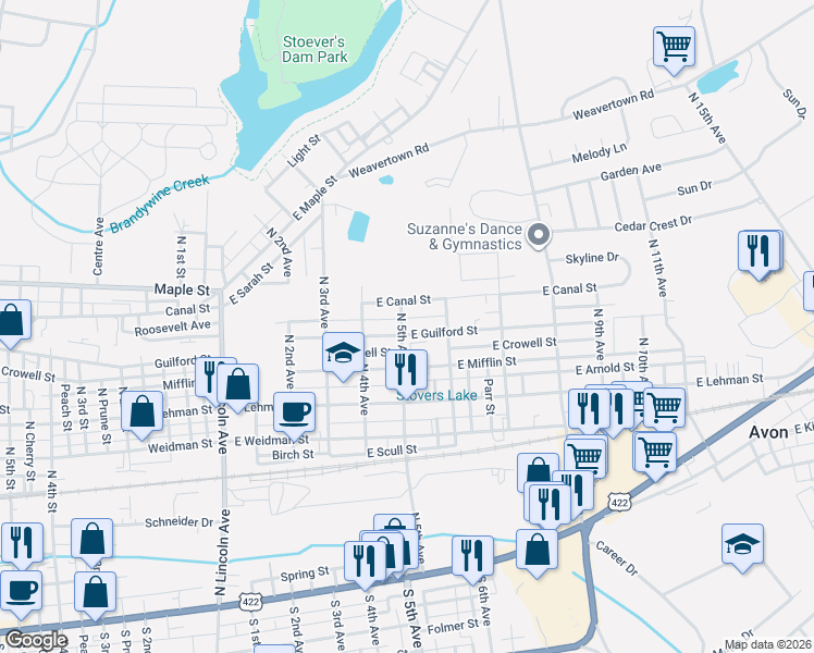 map of restaurants, bars, coffee shops, grocery stores, and more near 501 East Guilford Street in Lebanon