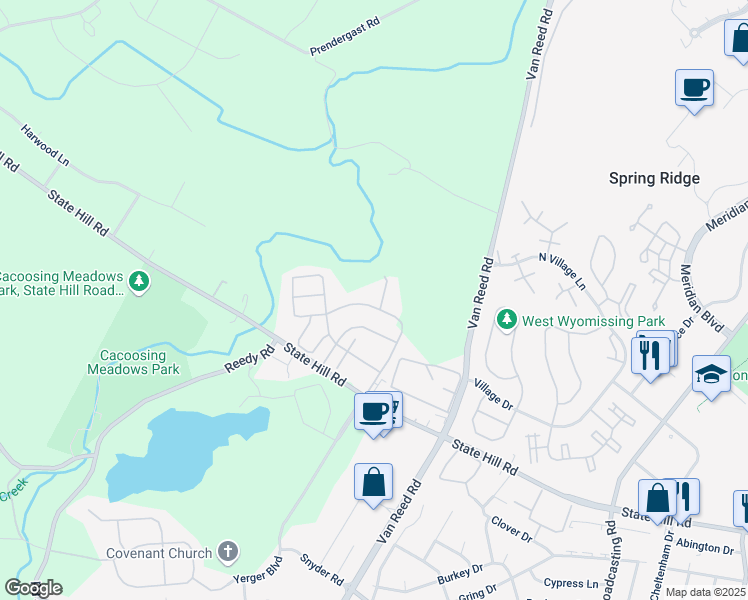 map of restaurants, bars, coffee shops, grocery stores, and more near 409 Westbury Drive in Reading
