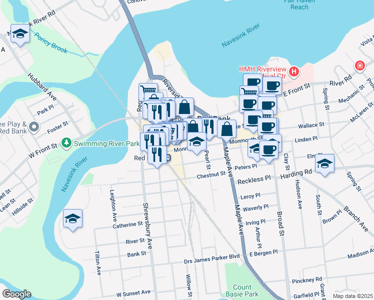 map of restaurants, bars, coffee shops, grocery stores, and more near 145 Monmouth Street in Red Bank