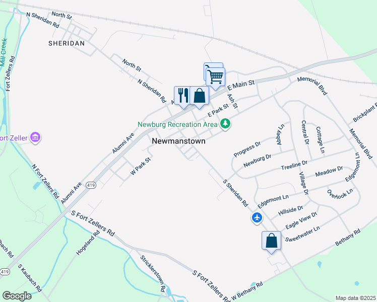 map of restaurants, bars, coffee shops, grocery stores, and more near 203 South Sheridan Road in Newmanstown