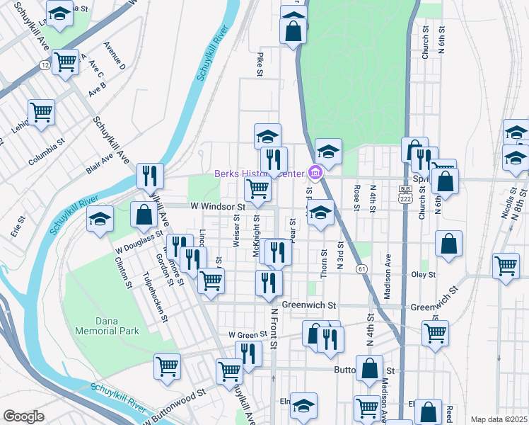 map of restaurants, bars, coffee shops, grocery stores, and more near 118 West Windsor Street in Reading
