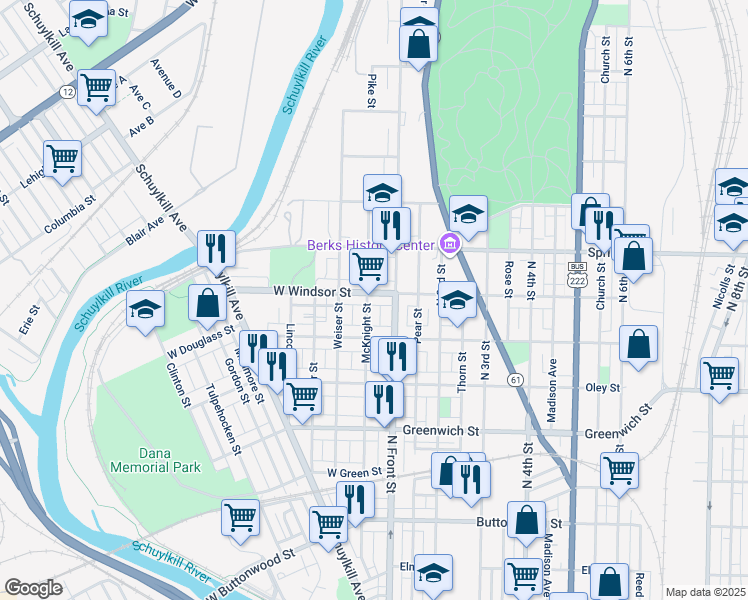 map of restaurants, bars, coffee shops, grocery stores, and more near 124 West Windsor Street in Reading
